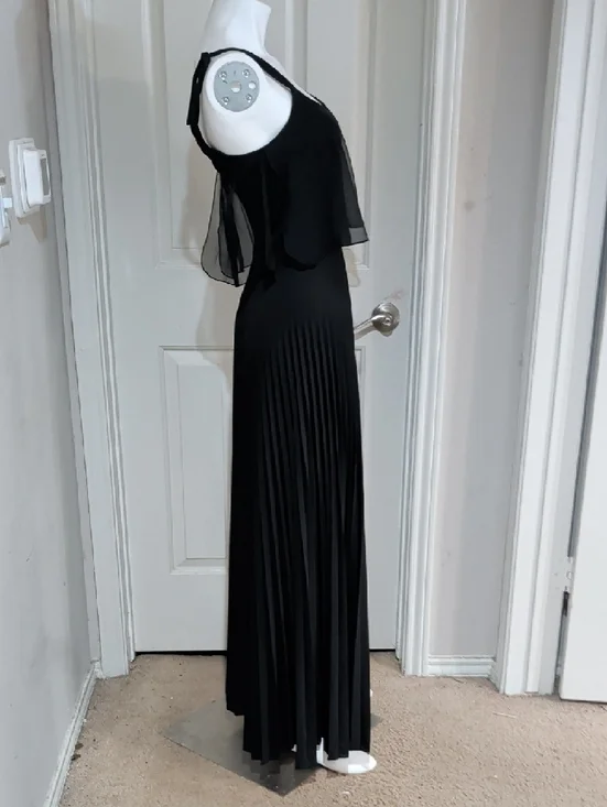 Vintage JT Dress Co Elegant Black Pleated Maxi Dress with Sheer Overlay Women 10 - Picture 4 of 8